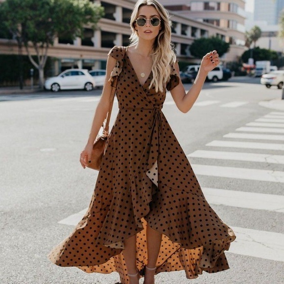 Vici Dresses & Skirts - Mama Mia Polka Dot Wrap Maxi Dress - Camel/Black